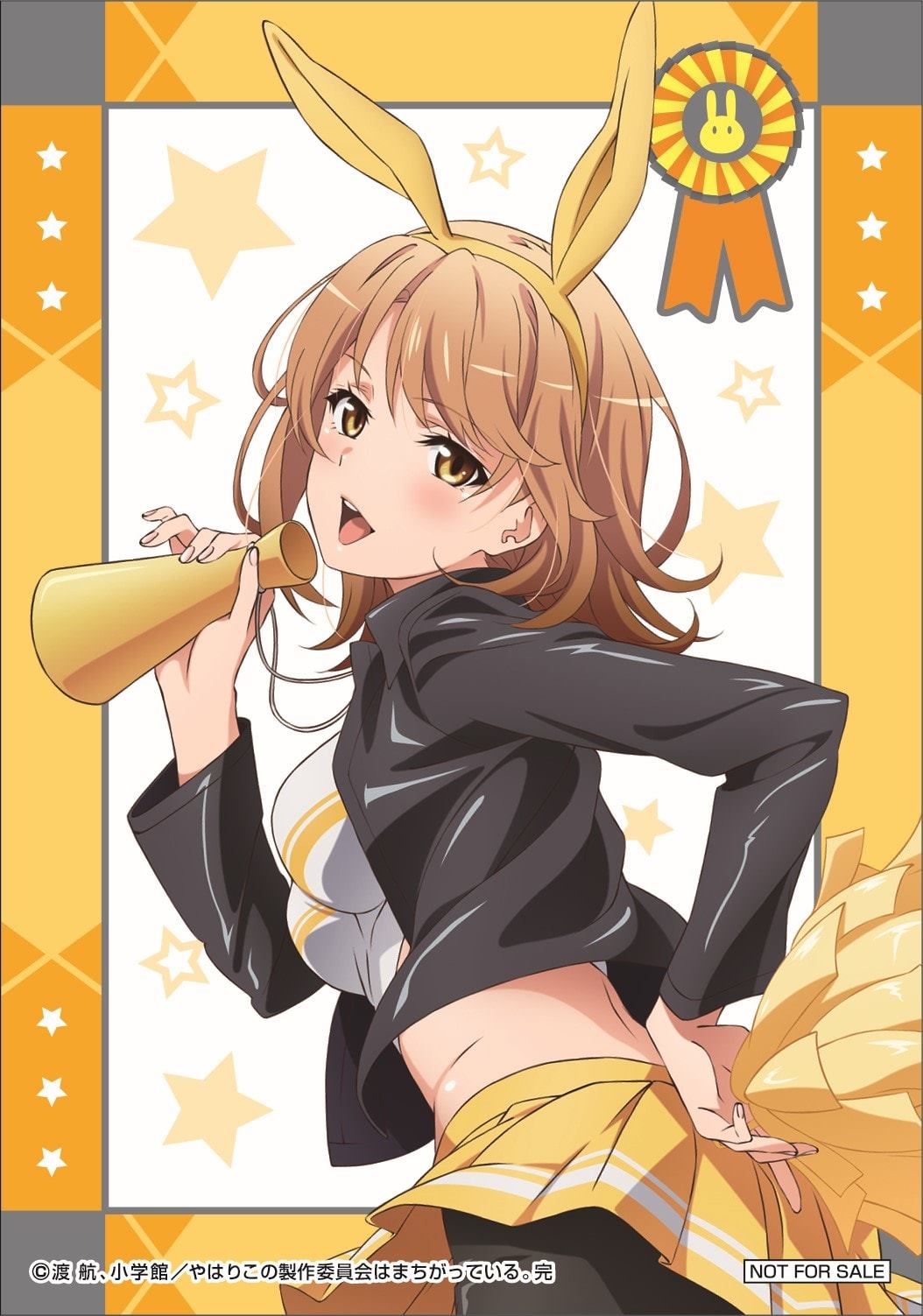 1girl animal_ears artist_request black_legwear breasts brown_hair cheerleader eyebrows_visible_through_hair fake_animal_ears hairband highres holding holding_megaphone isshiki_iroha jacket looking_at_viewer looking_back megaphone official_art open_mouth pom_poms rabbit_ears shiny shiny_clothes shiny_skin small_breasts solo star_(symbol) yahari_ore_no_seishun_lovecome_wa_machigatteiru. yellow_eyes yellow_hairband