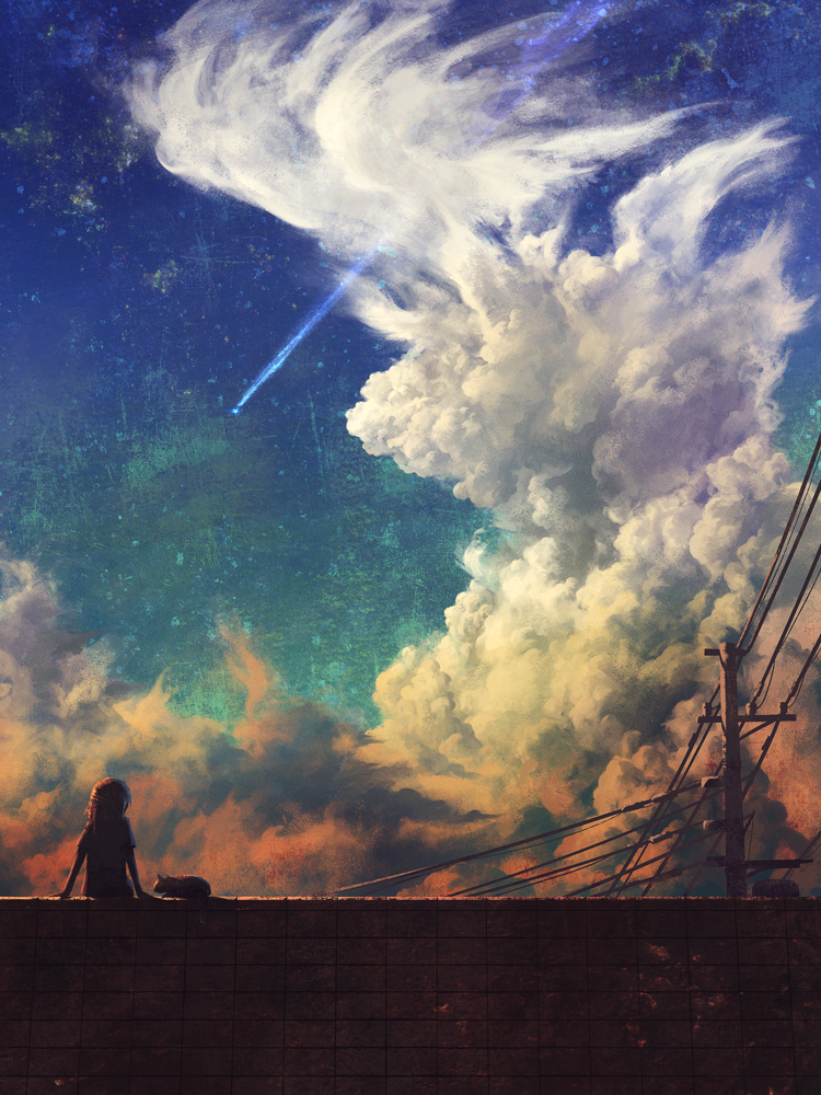 ambiguous_gender arm_support brick_wall cable cat clouds cloudy_sky from_behind long_hair noske original scenery shooting_star sitting sky star_(sky) starry_sky utility_pole
