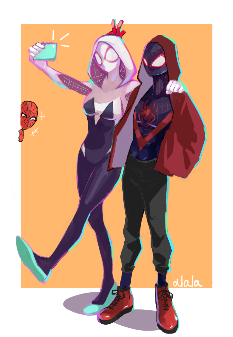 1girl 2boys arm_around_shoulder black_pants breasts bunny_ears_prank cellphone clenched_hand gwen_stacy half-closed_eyes holding holding_phone hood hooded_bodysuit hooded_jacket jacket marvel mask miles_morales multiple_boys pants peter_parker phone red_footwear red_jacket selfie shoes small_breasts smartphone sneakers spider-gwen spider-man spider-man:_into_the_spider-verse spider-man_(miles_morales) spider-man_(series) superhero sushi_pizza_rrr track_pants v white_eyes