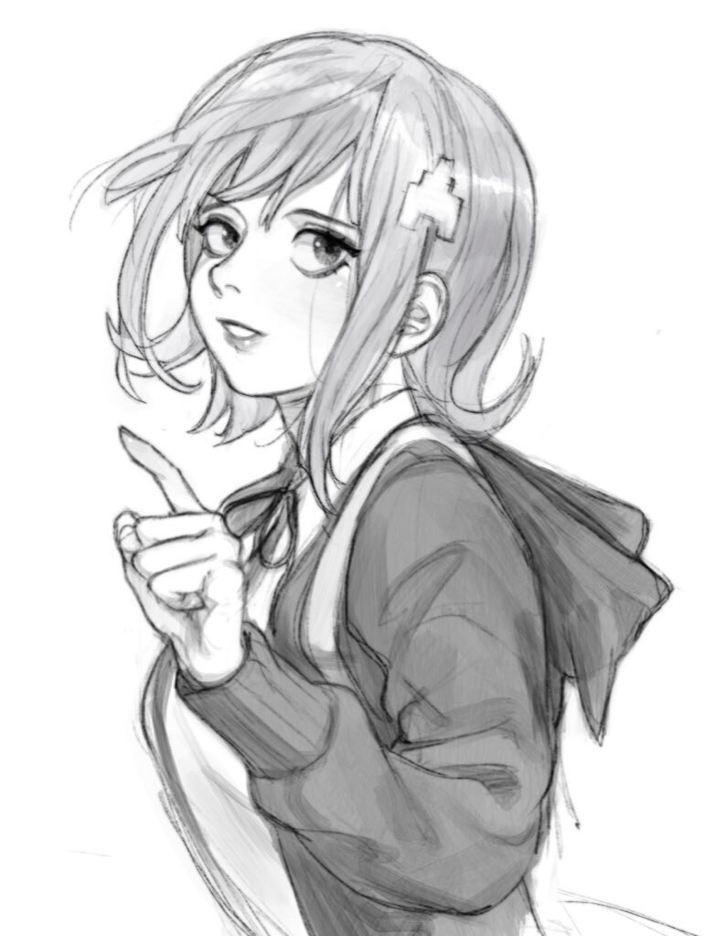 1girl bangs collared_shirt commentary dangan_ronpa_(series) dangan_ronpa_2:_goodbye_despair flipped_hair from_side greyscale hand_up hood hood_down index_finger_raised jacket medium_hair monochrome nanami_chiaki neck_ribbon rei_(tdn_ng) ribbon shirt sketch solo spaceship_hair_ornament