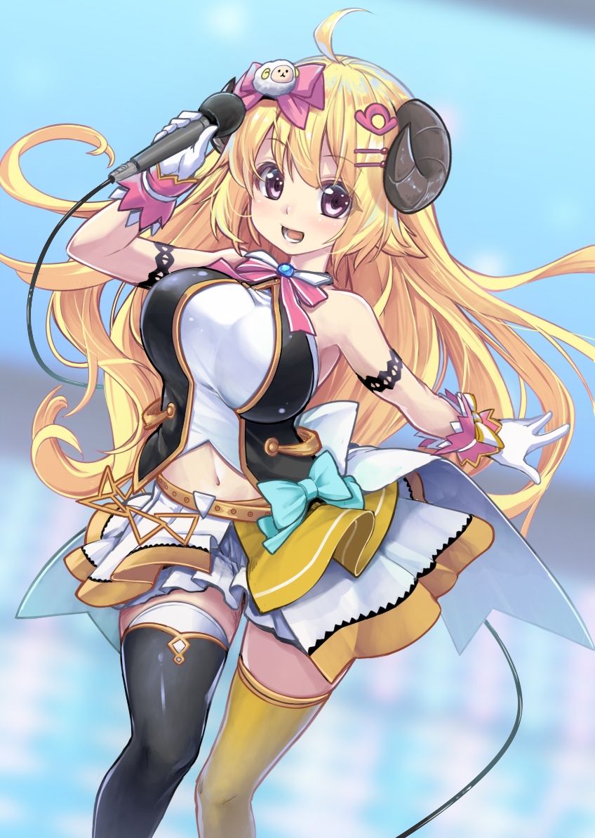1girl :d ahoge animal_ears armlet bare_shoulders black_legwear blonde_hair bow bow_skirt bowtie breasts gloves hair_ornament hairclip halter_top halterneck holding holding_microphone hololive hololive_idol_uniform horns idol kintarou_(kintarou's_room) large_breasts layered_skirt long_hair looking_at_viewer microphone miniskirt mismatched_legwear navel open_mouth pink_neckwear sheep_ears sheep_girl sheep_hair_ornament sheep_horns skirt sleeveless smile solo thigh-highs tsunomaki_watame unaligned_breasts very_long_hair violet_eyes virtual_youtuber white_gloves white_skirt wrist_cuffs yellow_legwear zettai_ryouiki