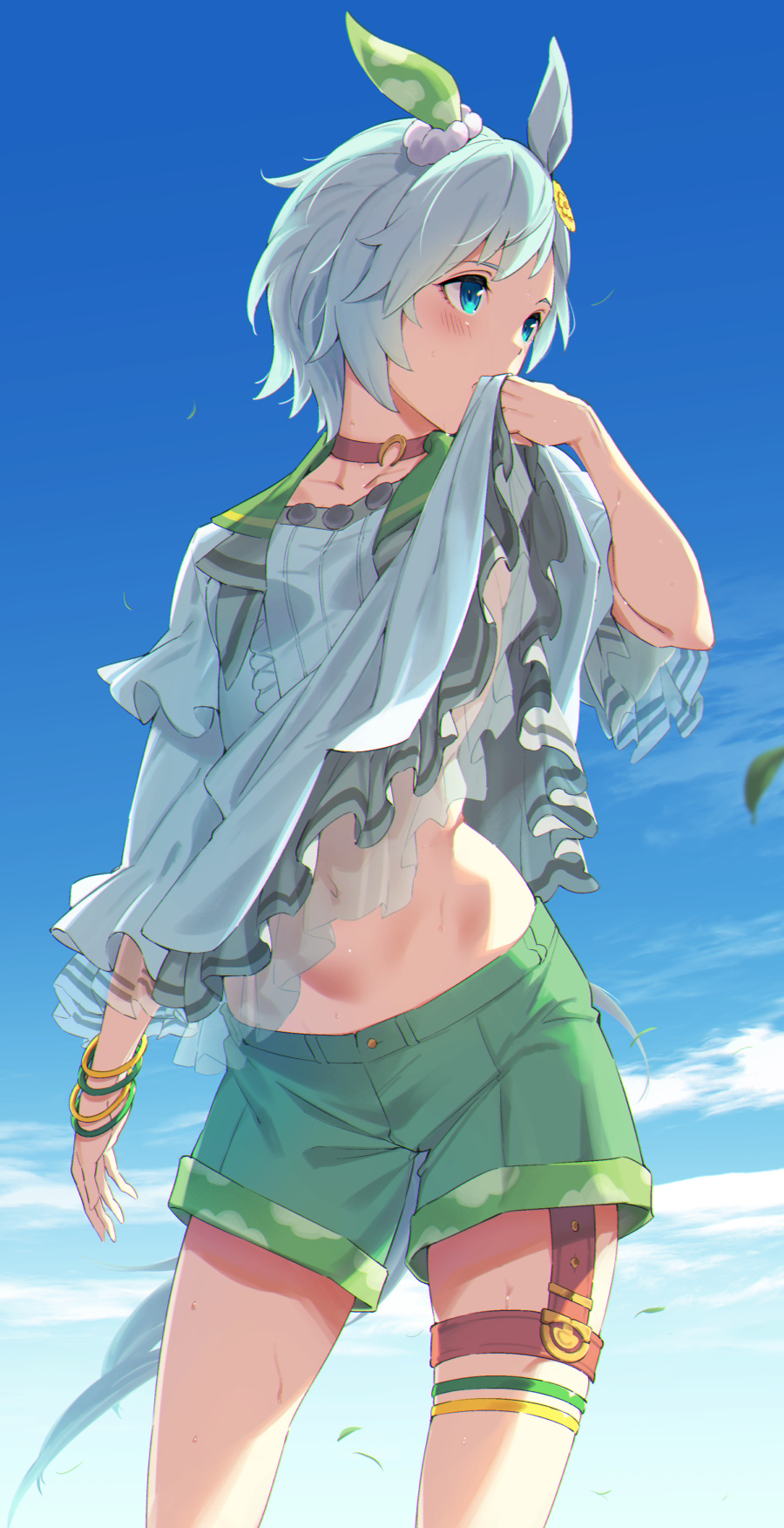 1girl animal_ears blue_eyes blue_hair blue_shirt blue_sky blush bracelet choker clothes_lift clouds commentary_request day green_shorts highres horse_ears horse_girl horse_tail jewelry leg_garter lifted_by_self looking_to_the_side navel red_choker revision seiun_sky_(umamusume) shirt shirt_lift short_hair shorts sky solo standing stomach sugarbeat tail thighs umamusume