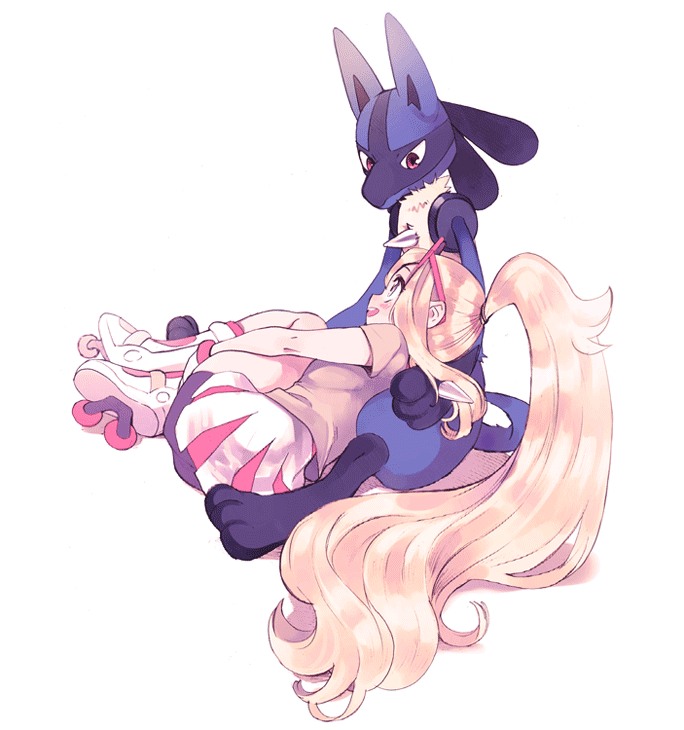 1girl :d amezawa_koma blonde_hair copyright_request gen_4_pokemon leg_hug long_hair looking_up lucario lying on_lap on_side open_mouth pokemon ponytail roller_skates simple_background skates skirt smile very_long_hair white_background white_skirt