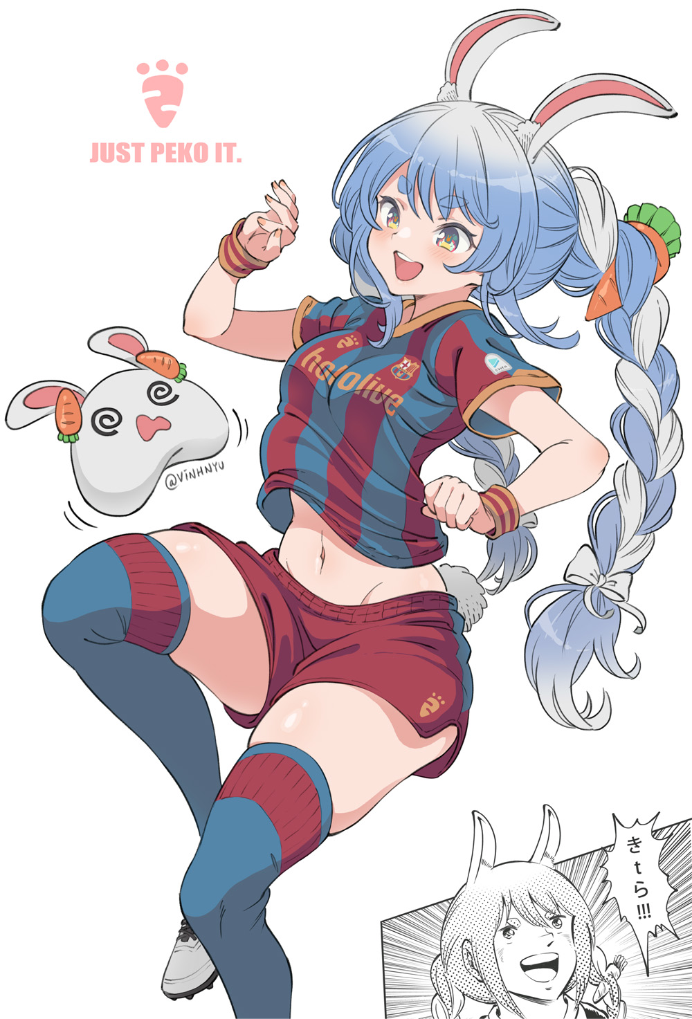 1girl alternate_costume animal_ear_fluff animal_ears artist_name blue_legwear blue_shirt blush braid breasts bunny-shaped_pupils captain_tsubasa carrot_hair_ornament catchphrase cleats commentary copyright_name cowboy_shot cross-laced_footwear english_commentary eyebrows_visible_through_hair fc_barcelona food-themed_hair_ornament foot_out_of_frame groin hair_ornament hair_ribbon highres hololive juggling knee_up light_blue_hair lionel_messi logo long_hair medium_breasts midriff motion_lines multicolored_hair multiple_views nail_polish navel nike nousagi_(usada_pekora) open_mouth parody rabbit_ears red_eyes red_shirt red_shorts ribbon shirt shoes short_shorts short_sleeves shorts simple_background skindentation smile soccer_uniform sportswear striped striped_shirt style_parody sweatband symbol-shaped_pupils symbol_commentary thick_eyebrows thighs translated tress_ribbon twin_braids twintails twitter_username two-tone_hair two-tone_shirt usada_pekora vertical-striped_shirt vertical_stripes vinhnyu virtual_youtuber white_background white_footwear white_hair white_ribbon wristband yellow_nails