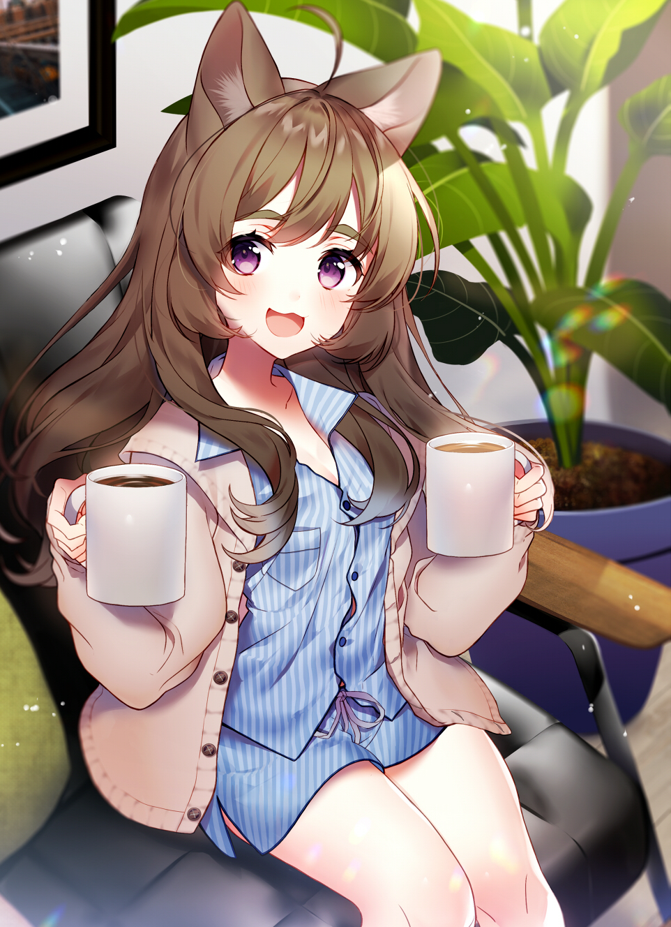 1girl :d animal_ears breasts brown_hair cardigan chair cup dog_ears giving highres hot_chocolate indie_virtual_youtuber indoors iriam kawachi_rin long_hair long_sleeves looking_at_viewer medium_breasts mug open_cardigan open_clothes open_mouth pajamas plant potted_plant sitting smile takajou_mayo violet_eyes virtual_youtuber