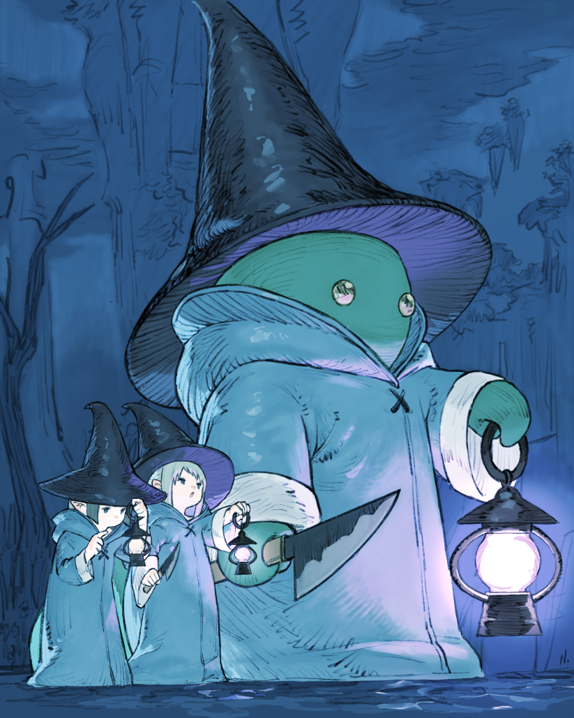 1other 2girls cloak colored_skin final_fantasy final_fantasy_xiv green_skin hat hood hooded_cloak knife lalafell lantern multiple_girls n122425 night open_mouth pointy_ears standing tonberry witch_hat
