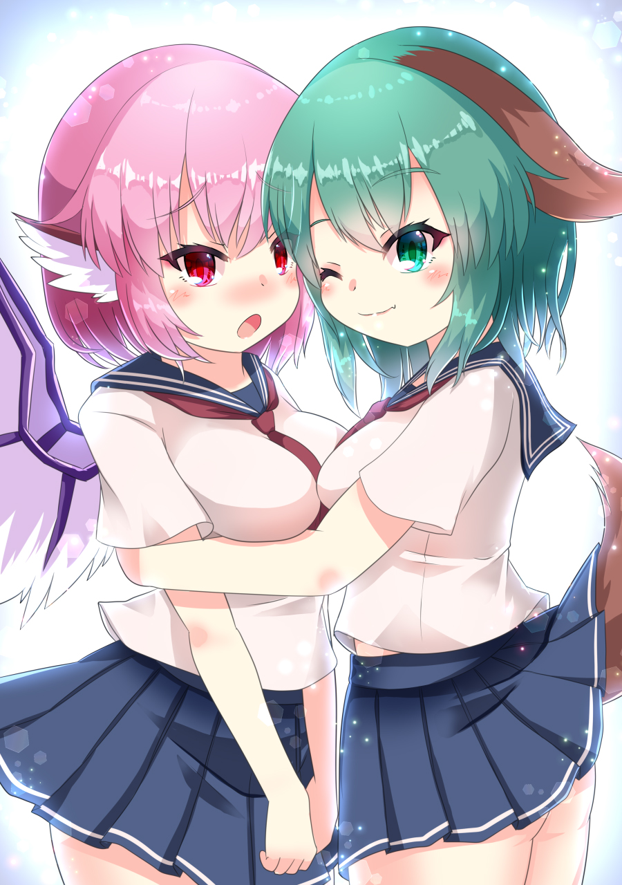 2girls alternate_costume animal_ears bangs bird_wings black_skirt breasts closed_mouth cowboy_shot dog_ears dog_tail eyebrows_visible_through_hair fang green_eyes green_hair head_wings highres holding_another hug karasuma_amiru kasodani_kyouko looking_at_another multiple_girls mystia_lorelei one_eye_closed open_mouth pink_hair pleated_skirt red_eyes red_neckwear sailor_collar school_uniform serafuku shirt short_hair short_sleeves skin_fang skirt smile standing tail touhou white_shirt wings