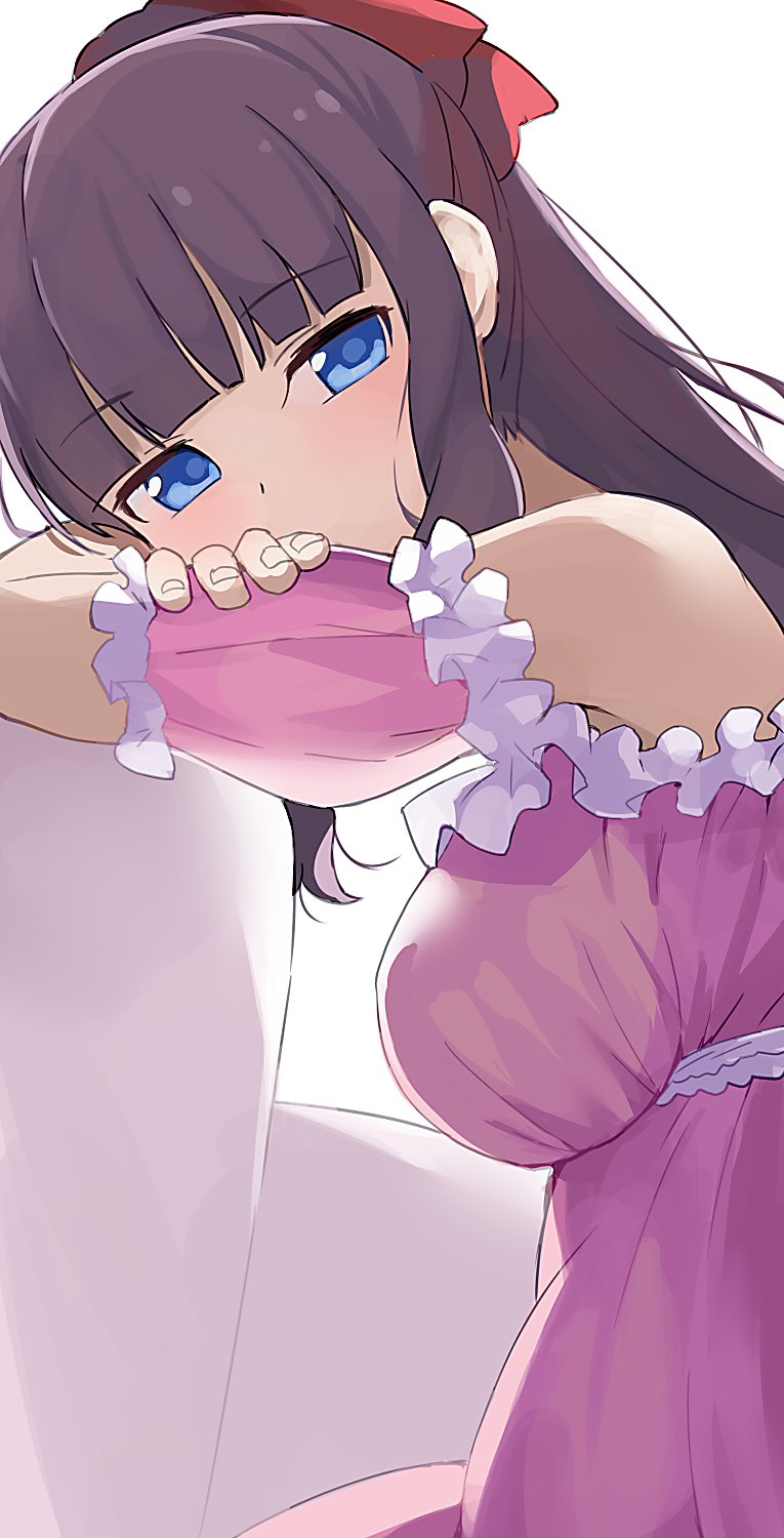 1girl bangs blue_eyes blunt_bangs breasts detached_sleeves eyebrows_visible_through_hair frills from_side hedgehog highres hiroki_(yyqw7151) large_breasts long_hair looking_at_viewer mole mole_on_breast new_game! ponytail purple_hair sidelocks simple_background solo takimoto_hifumi