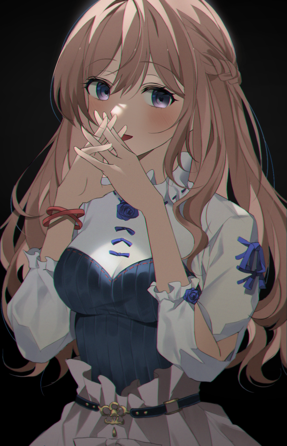 1girl bangs beige_skirt belt black_background black_belt blue_flower blue_rose blush bracelet braid breasts brown_hair crown_braid eyebrows_visible_through_hair flower hands_together highres jewelry long_hair looking_to_the_side medium_breasts nijisanji nijisanji_kr open_mouth rose roti smile so_nagi solo violet_eyes virtual_youtuber yandere