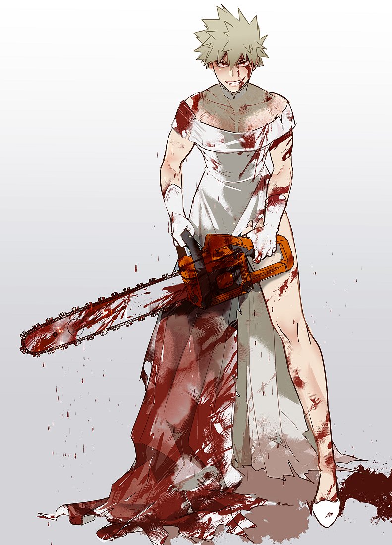 1boy bakugou_katsuki blonde_hair blood blood_on_face bloody_clothes bloody_weapon boku_no_hero_academia chainsaw collarbone dress full_body gloves grin high_heels holding holding_weapon long_dress looking_at_viewer male_focus off-shoulder_dress off_shoulder red_eyes sanpaku short_hair side_slit smile solo spiky_hair standing teeth torn_clothes weapon white_dress white_footwear white_gloves y_(hellenism)