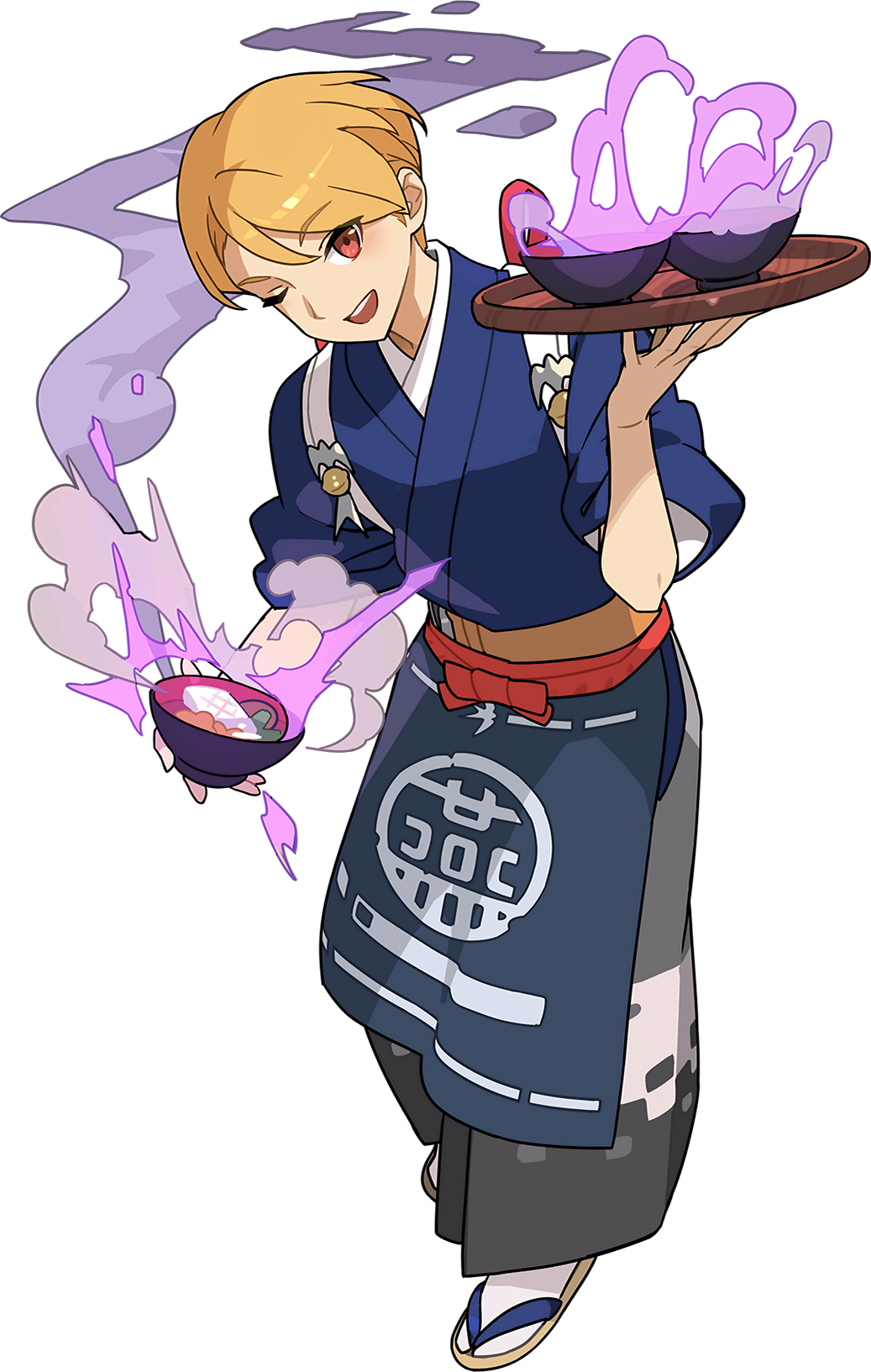 1boy apron artist_request bangs belt blonde_hair blue_apron blue_kimono blush bowl carrot eyebrows_visible_through_hair food full_body grey_hakama hakama hand_up happy highres holding holding_bowl holding_tray japanese_clothes kimono leaning_forward light_blush looking_at_viewer male_focus mochi multicolored_footwear mushroom non-web_source official_art open_mouth red_eyes sandals shiny shiny_hair short_hair sideways_mouth sleeves_rolled_up smile smoke socks solo soup standing steam swept_bangs tabi teeth transparent_background tray waist_apron white_legwear world_flipper yuwel_(world_flipper) zouni_soup