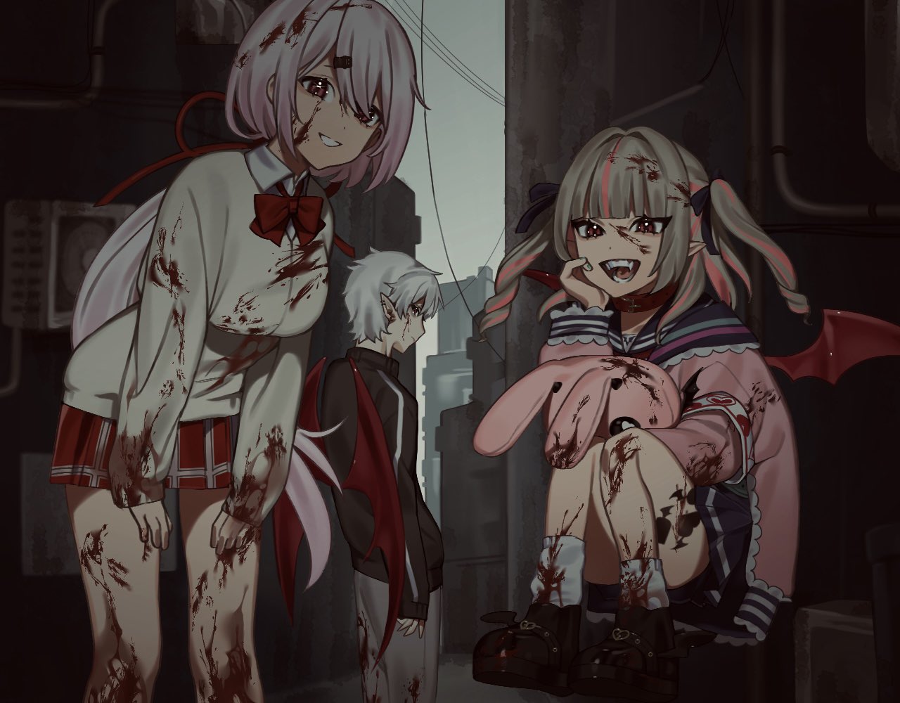 1boy 2girls air_conditioner alley armband black_ribbon blood blood_on_face blood_on_leg bloody_clothes bloody_hair boots bow bowtie cardigan child collar collared_shirt commentary convenient_leg demon_girl demon_wings drill_hair ear_piercing fangs feet_out_of_frame full_body grey_hair hair_ornament hair_ribbon hairclip heart heart_tattoo jacket kuzuha_(nijisanji) long_hair looking_at_viewer loose_socks low_ponytail makaino_ririmu multicolored_hair multiple_girls nijisanji open_mouth piercing pink_hair pink_jacket pointy_ears ponytail profile red_collar red_eyes red_neckwear red_ribbon red_wings ribbon school_uniform shiina_yuika shirt sitting skirt smile socks stuffed_animal stuffed_bunny stuffed_toy tattoo teeth thigh_tattoo track_jacket twin_drills twintails two-tone_hair virtual_youtuber white_hair wings yami_ga_fukami