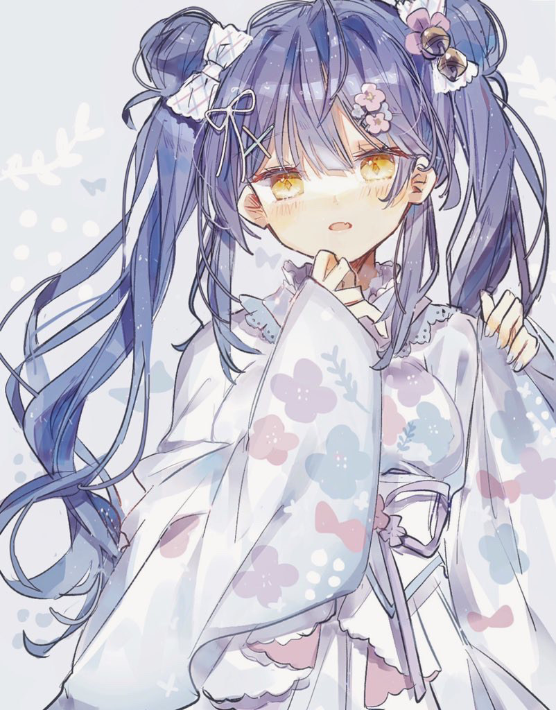 amamiya_kokoro bangs bell blue_background blue_hair blush bow clenched_hands commentary double_bun floral_print frilled_kimono frills hair_bow hair_ornament hand_up japanese_clothes jingle_bell kimono kino-cands long_hair long_sleeves looking_at_viewer nijisanji open_mouth polka_dot polka_dot_background sidelocks simple_background sleeves_past_wrists surprised twintails upper_body virtual_youtuber wavy_hair white_bow white_kimono x_hair_ornament yellow_eyes