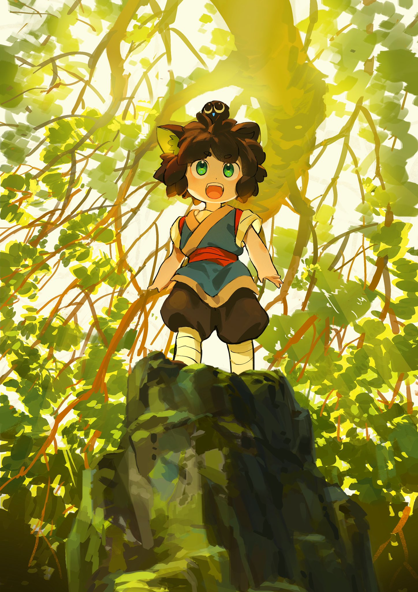 1boy animal_ears black_hair black_pants branch cat_boy cat_ears da_maaa green_eyes green_theme highres leaf luoxiaohei open_mouth pants plant rock short_hair short_sleeves solo standing the_legend_of_luo_xiaohei wide_shot