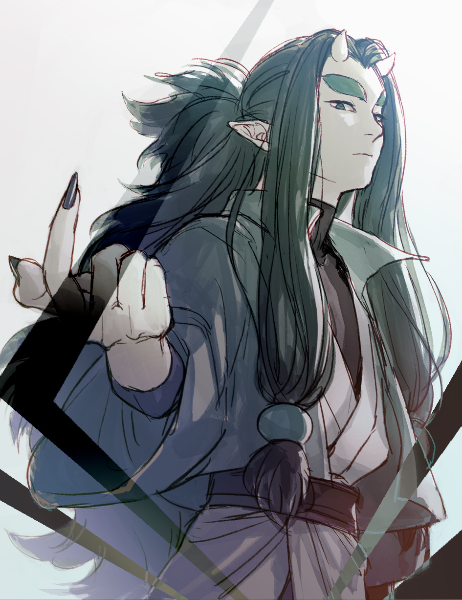 1boy black_nails expressionless fingernails gradient gradient_background green_hair hand_up highres horns long_hair long_sleeves longyan_(the_legend_of_luoxiaohei) looking_at_viewer micho pointy_ears ponytail sharp_fingernails solo the_legend_of_luo_xiaohei upper_body very_long_hair