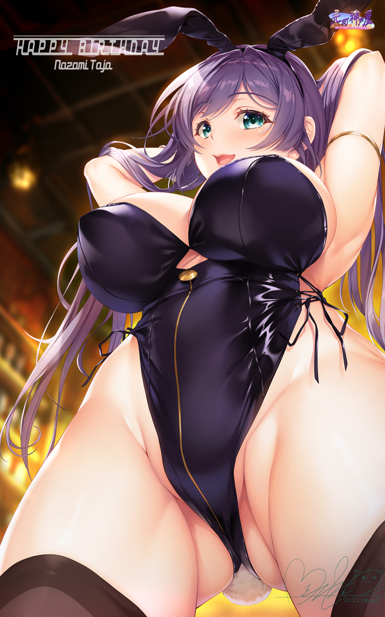1girl :d animal_ears aqua_eyes armlet arms_behind_head arms_up ass_visible_through_thighs bangs black_legwear black_leotard blush breasts bunny_tail ceiling character_name eyebrows_visible_through_hair fake_animal_ears fake_tail groin happy_birthday highres hozumi_kaoru indoors large_breasts leotard long_hair looking_at_viewer love_live! open_mouth playboy_bunny purple_hair rabbit_ears side-tie_leotard signature sleeveless smile strapless strapless_leotard tail thigh-highs thighs toujou_nozomi