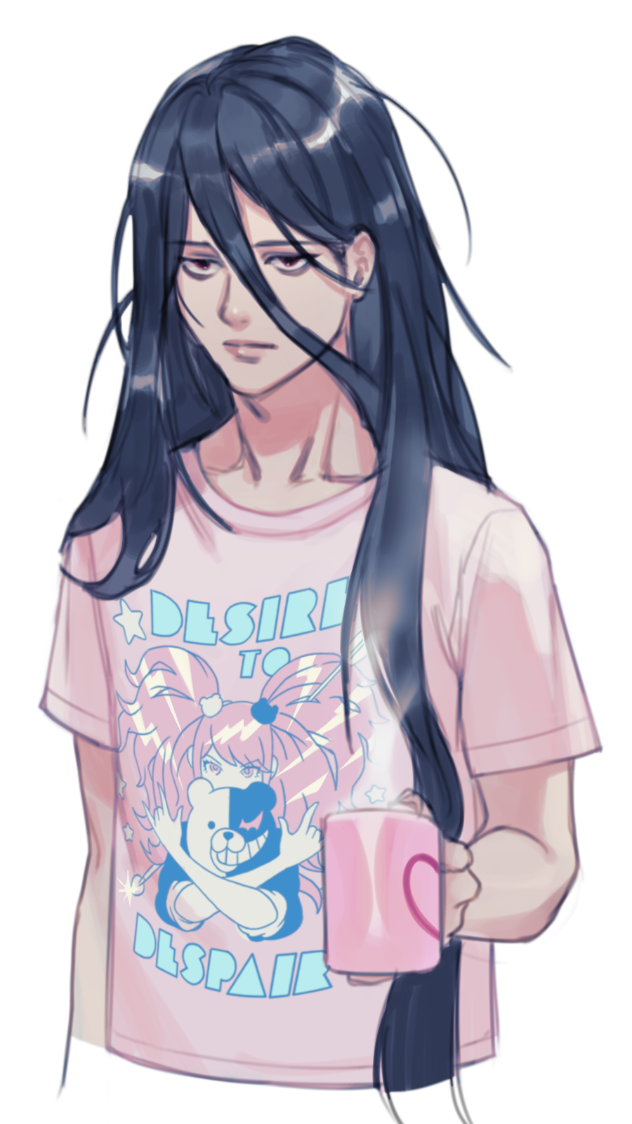 1boy bangs black_hair character_print closed_mouth collarbone cropped_torso cup dangan_ronpa_(series) dangan_ronpa_2:_goodbye_despair enoshima_junko expressionless hair_between_eyes highres holding holding_cup kamukura_izuru long_hair male_focus monokuma pink_shirt red_eyes rei_(tdn_ng) shiny shiny_hair shirt short_sleeves simple_background solo upper_body white_background