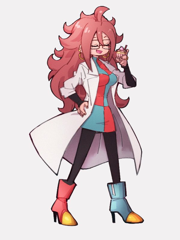 1girl android_21 asymmetrical_footwear blue_footwear checkered checkered_dress closed_eyes dragon_ball dragon_ball_fighterz dress full_body glasses grey_background hand_on_hip kemachiku labcoat long_hair open_mouth red_footwear redhead simple_background smile solo standing