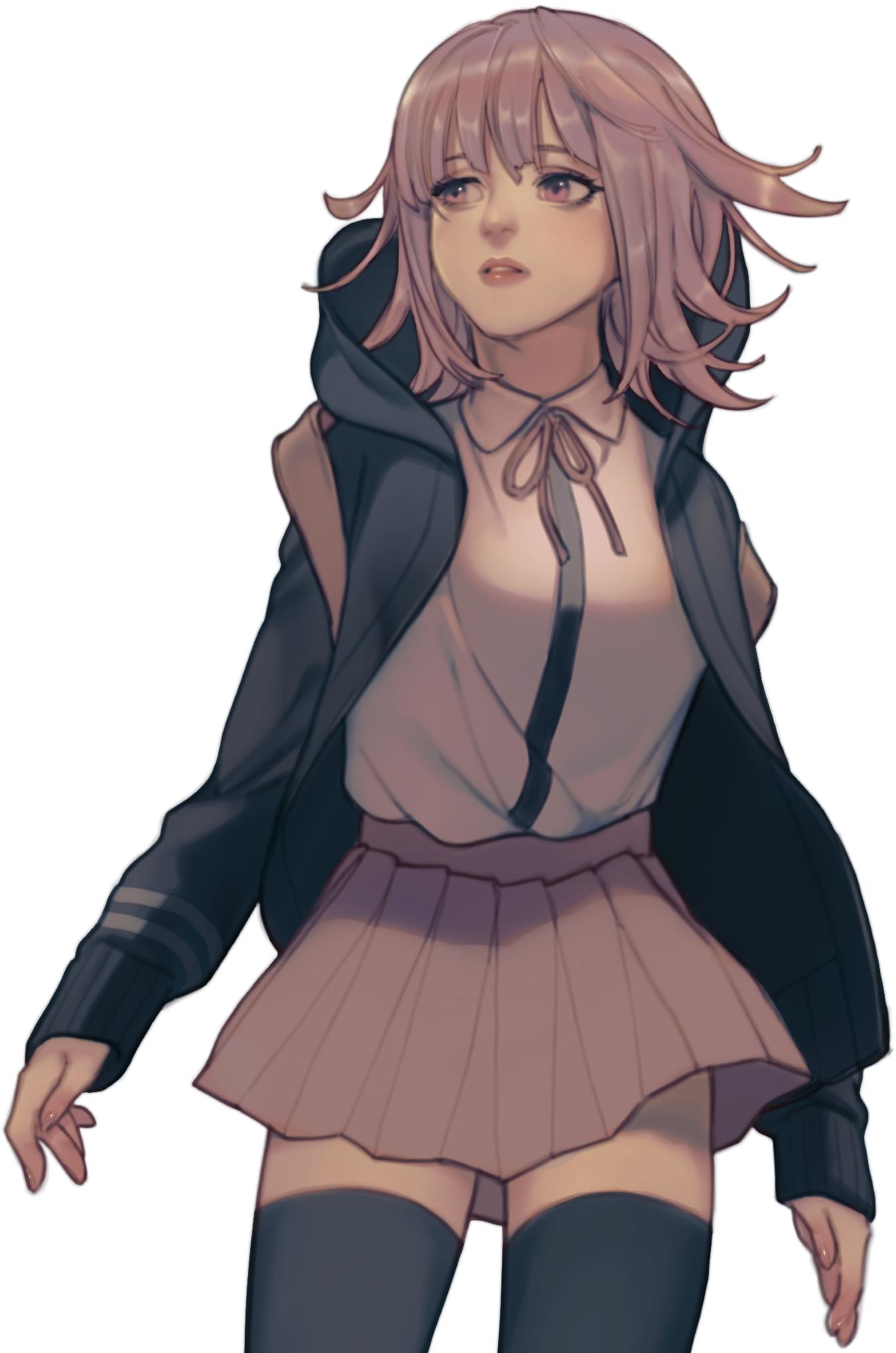 1girl backpack bag black_jacket black_legwear black_shirt brown_hair collared_shirt cowboy_shot dangan_ronpa_(series) dangan_ronpa_2:_goodbye_despair flipped_hair grey_background highres hood jacket long_sleeves medium_hair nanami_chiaki neck_ribbon open_clothes open_jacket parted_lips pink_eyes pink_ribbon pleated_skirt rei_(tdn_ng) ribbon shiny shiny_hair shirt shirt_tucked_in simple_background skirt solo thigh-highs white_background white_shirt zettai_ryouiki