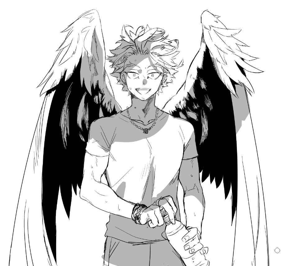 1boy boku_no_hero_academia bottle bracelet cowboy_shot earrings facial_hair feathered_wings forked_eyebrows hair_slicked_back hawks_(boku_no_hero_academia) holding holding_bottle jewelry looking_at_viewer male_focus monochrome necklace open_mouth ring shirt smile sweat t-shirt wings y_(hellenism)