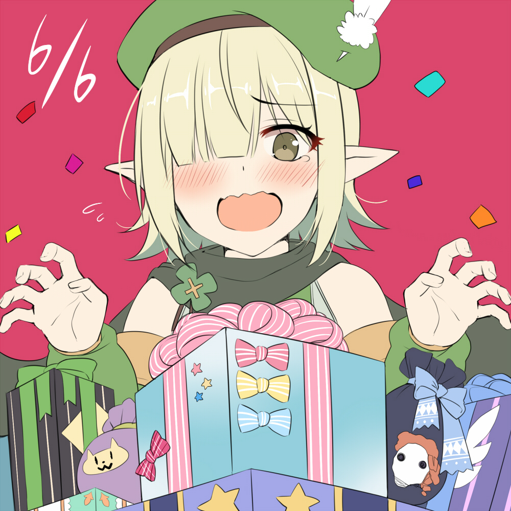 1girl aoi_(princess_connect!) bangs bare_shoulders beret birthday blush box cape clover detached_sleeves elf feathers flustered gift gift_bag gift_box green_eyes green_hair hair_over_one_eye hat horosuke one_eye_covered pink_background pointy_ears princess_connect! short_hair simple_background solo