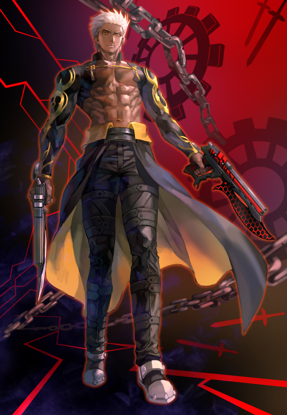 1boy abs alternate_hairstyle black_pants chain dark_skin dual_wielding emiya_alter fate/grand_order fate_(series) full_body gun highres holding holding_gun holding_weapon kim_yura_(goddess_mechanic) large_pectorals looking_at_viewer male_cleavage male_focus muscular muscular_male navel nipples pants pectorals short_hair shrug_(clothing) solo standing stomach unlimited_blade_works_(fate) very_dark_skin weapon