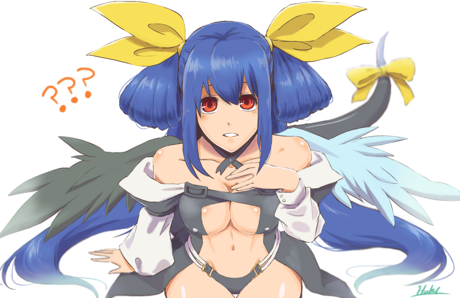 1girl ? angel_wings artist_name asymmetrical_wings bangs bare_shoulders belt black_panties breasts center_opening choker collarbone detached_sleeves dizzy_(guilty_gear) guilty_gear guilty_gear_x guilty_gear_xx hair_between_eyes hair_ribbon hair_rings hand_on_own_chest huki large_breasts long_hair long_sleeves looking_at_viewer looking_up navel panties puffy_long_sleeves puffy_sleeves red_eyes ribbon signature sitting solo stomach tail tail_ornament tail_ribbon thigh_gap thighs twintails underwear white_background wings yellow_ribbon