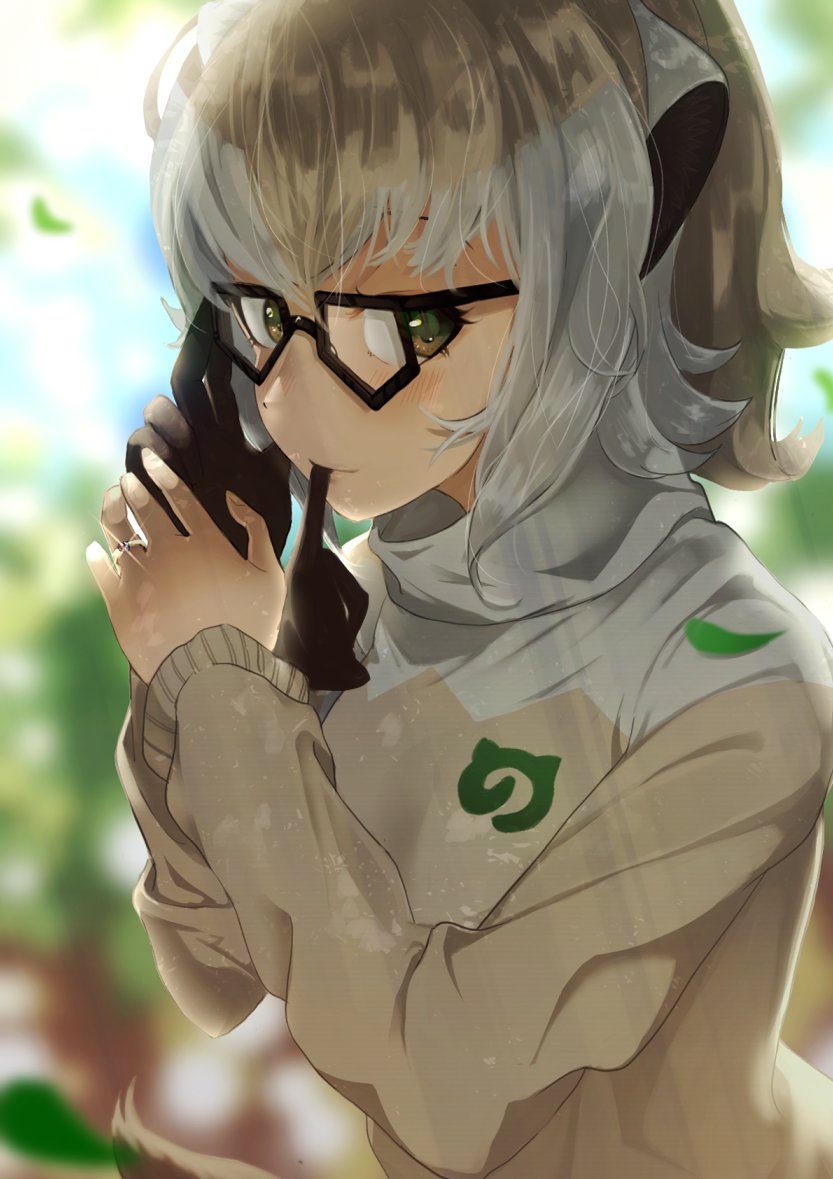 1girl beige_sweater blush brown_gloves commentary_request engagement_ring eyebrows_visible_through_hair gakukuru glasses glove_in_mouth gloves gloves_removed grey_hair grey_sweater japari_symbol kemono_friends looking_at_viewer meerkat_(kemono_friends) meerkat_ears meerkat_tail mouth_hold multicolored_hair short_hair solo sweater two-tone_hair two-tone_sweater yellow_eyes