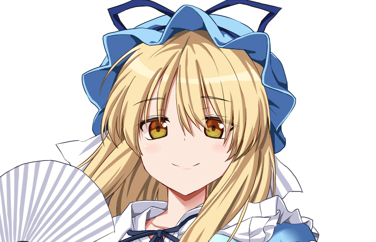 1girl bangs blonde_hair blue_headwear blue_ribbon closed_mouth cosplay fan folding_fan hat hat_ribbon holding holding_fan looking_at_viewer mob_cap portrait ribbon saigyouji_yuyuko saigyouji_yuyuko_(cosplay) simple_background smile solo sugiyama_ichirou touhou triangular_headpiece white_background yakumo_yukari yellow_eyes