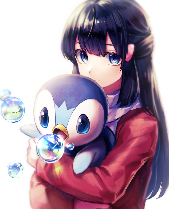 1girl akihorisu bangs black_hair blue_eyes bubble closed_mouth coat commentary_request hikari_(pokemon) eyelashes gen_4_pokemon hair_ornament hairclip holding holding_pokemon long_hair long_sleeves looking_at_viewer piplup pokemon pokemon_(creature) pokemon_(game) pokemon_dppt pokemon_platinum red_coat scarf smile starter_pokemon