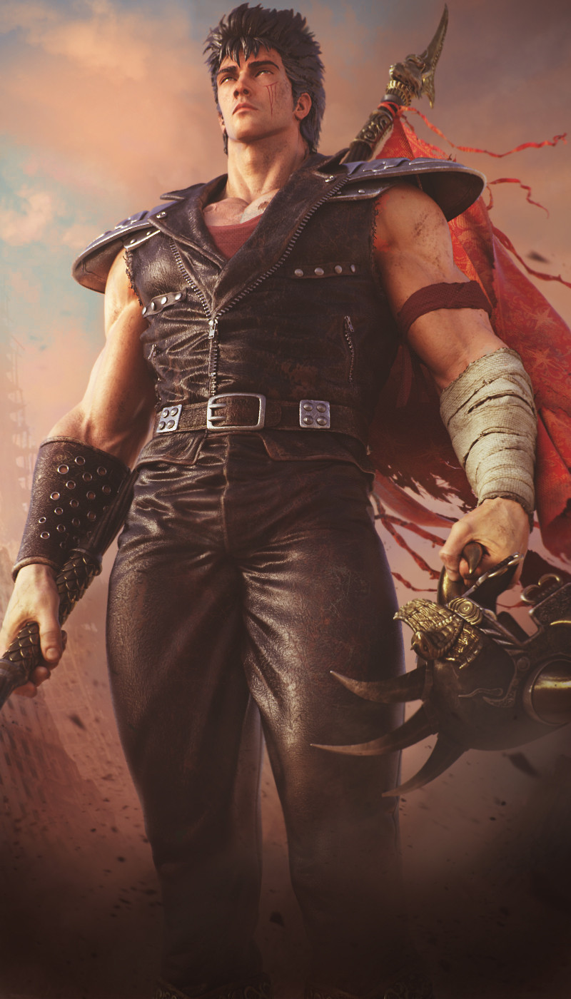 1boy 3d armband armor baldasseroni belt black_hair blood clouds debris dusk english_commentary flag good_end helmet highres hokuto_no_ken kenshiro lance leather leather_pants leather_vest looking_ahead manly mullet muscular pants polearm raoh_(hokuto_no_ken) realistic scar scar_on_face science_fiction serious shoulder_armor spikes spiky_hair torn_flag vest victory walking weapon