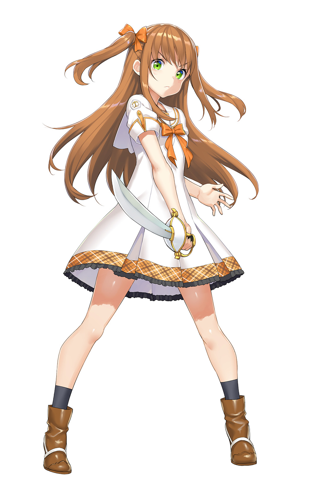 1girl bangs black_legwear boots brown_footwear brown_hair closed_mouth dress frilled_dress frills full_body ga_bunko green_eyes highres holding holding_sword holding_weapon long_hair looking_at_viewer nanayou_nanana novel_illustration odoru_hoshifuru_reneshikuru official_art orange_ribbon ribbon sailor_dress school_uniform second-party_source serious shiny shiny_hair short_dress short_sleeves simple_background socks solo standing sword takayaki textless two_side_up v-shaped_eyebrows weapon white_background white_dress