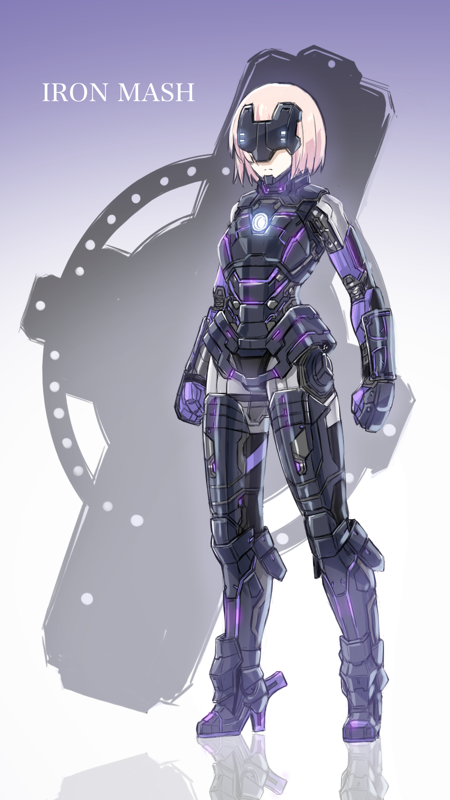 1girl akaza armor armored_leotard avengers black_armor board_game cosplay fate/grand_order fate_(series) go head_mounted_display highres holding holding_shield iron_man iron_man_(cosplay) mash_kyrielight ortenaus purple_hair shield short_hair solo stern