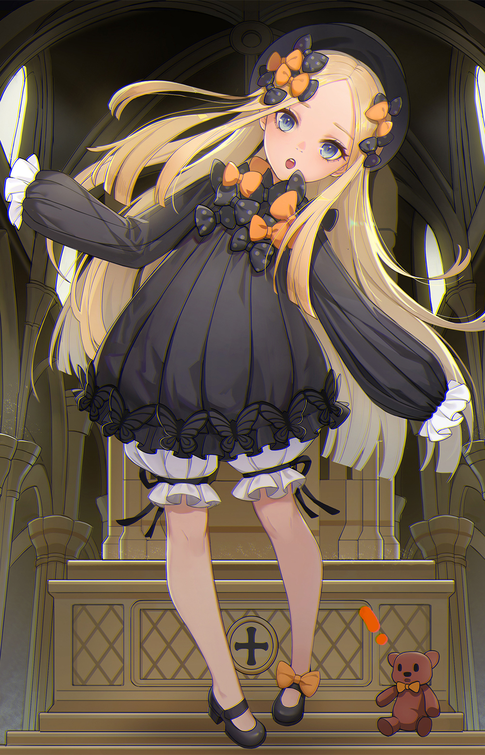 1girl abigail_williams_(fate) bangs black_bow black_dress black_headwear blonde_hair blue_eyes blush bow breasts dress fate/grand_order fate_(series) forehead full_body hair_bow hat highres long_hair long_sleeves looking_at_viewer multiple_bows open_mouth orange_bow parted_bangs polka_dot polka_dot_bow ribbed_dress sleeves_past_fingers sleeves_past_wrists small_breasts solo stuffed_animal stuffed_toy teddy_bear white_bloomers yumuku