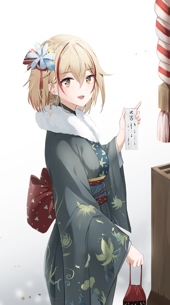 1girl :d alternate_costume azur_lane black_kimono box brown_hair donation_box flower fur-trimmed_kimono fur_trim hair_flower hair_ornament japanese_clothes kimono light_brown_hair looking_at_viewer looking_to_the_side multicolored_hair open_mouth qing_wu redhead roon_(azur_lane) short_hair smile solo streaked_hair white_background