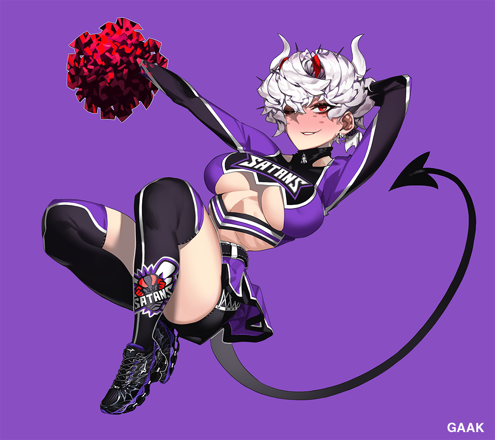 1girl alternate_costume arm_behind_head arm_up bangs beelzebub_(helltaker) black_legwear blush breasts cheerleader commentary crop_top demon_girl demon_horns demon_tail gaak11977 grey_hair helltaker holding horns large_breasts looking_at_viewer over-kneehighs parted_lips pom_poms purple_background red_eyes shirt shoes short_hair simple_background skindentation solo tail thigh-highs under_boob white_hair white_horns