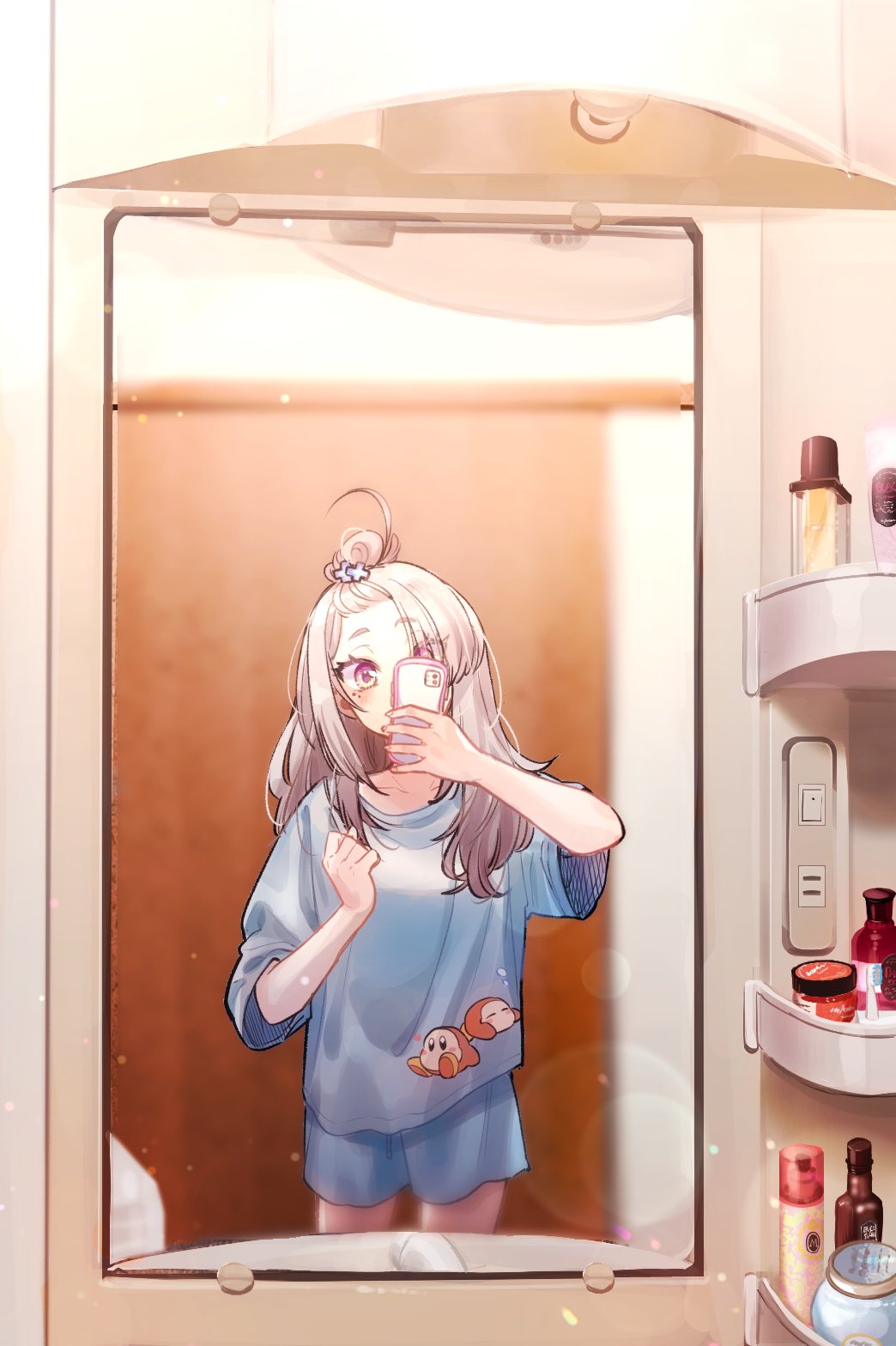 1girl bangs_pinned_back blue_shirt blue_shorts blush bottle cellphone clenched_hand head_tilt highres holding holding_phone kirby_(series) lens_flare mirror mole mole_under_eye nijisanji phone self-portrait selfie shirt shorts silver_hair smartphone solo sukoya_kana sukoya_kana_(artist) violet_eyes virtual_youtuber waddle_dee