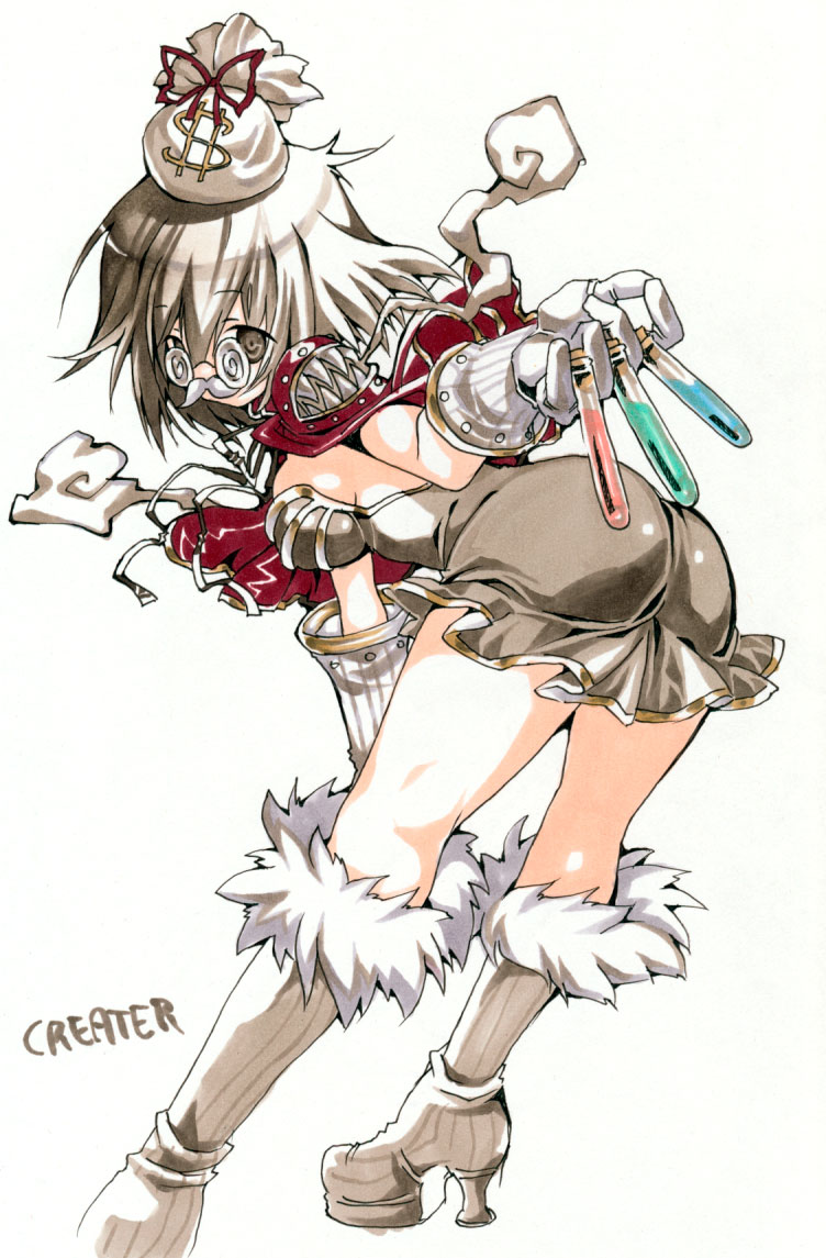 1girl ass bangs between_fingers boots breasts brown_dress brown_eyes brown_footwear brown_hair cape character_name commentary_request creator_(ragnarok_online) dress eyebrows_visible_through_hair fake_facial_hair fake_mustache foot_out_of_frame funny_glasses fur-trimmed_footwear glasses gloves hair_between_eyes jakushou_archer leaning_forward living_clothes looking_at_viewer looking_to_the_side medium_breasts moneybag ragnarok_online red_cape short_dress short_hair simple_background solo standing strapless strapless_dress teeth typo vial white_background white_gloves