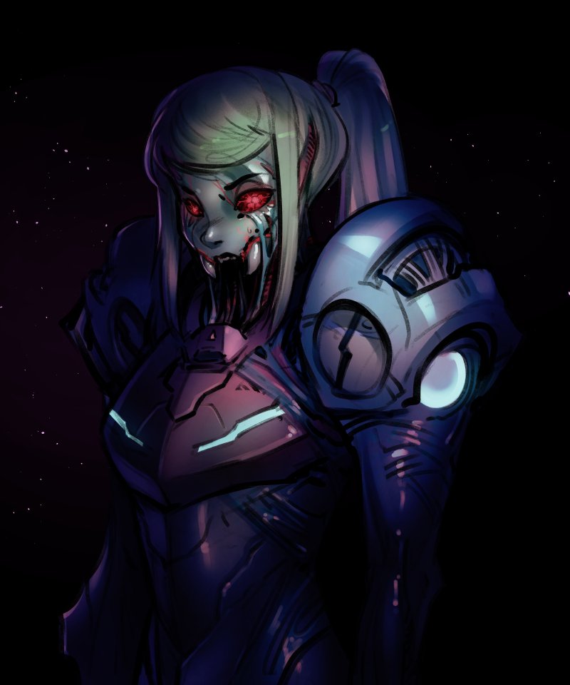 1girl fangs green_hair looking_at_viewer metroid metroid_(creature) metroid_fusion metroid_prime_3:_corruption monster_girl ponytail psuede red_eyes samus_aran space star_(sky) transformation varia_suit