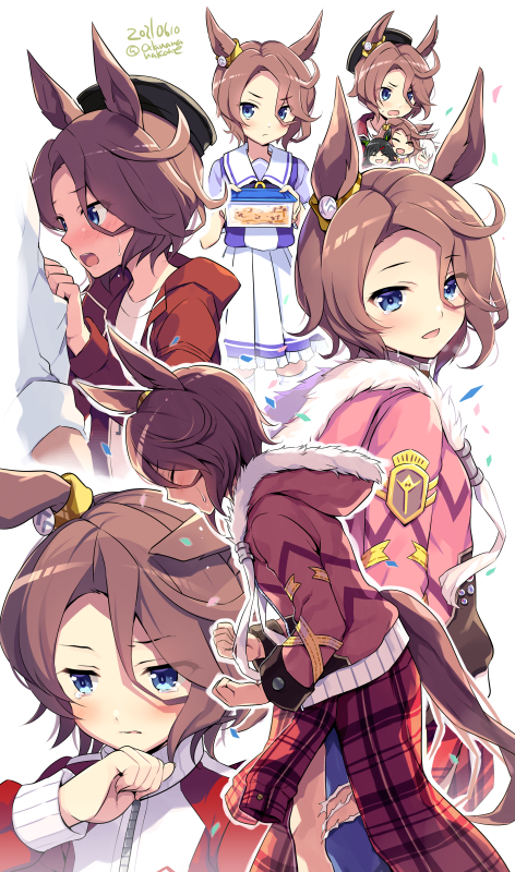 1girl animal_ears blue_eyes blush brown_hair clothes_around_waist eyebrows_visible_through_hair fur-trimmed_jacket fur_trim horse_ears horse_girl horse_tail jacket long_sleeves multiple_views narita_taishin_(umamusume) odawara_hakone open_mouth pink_jacket pleated_skirt puffy_short_sleeves puffy_sleeves school_uniform short_hair short_sleeves skirt tail tracen_school_uniform track_jacket umamusume white_skirt