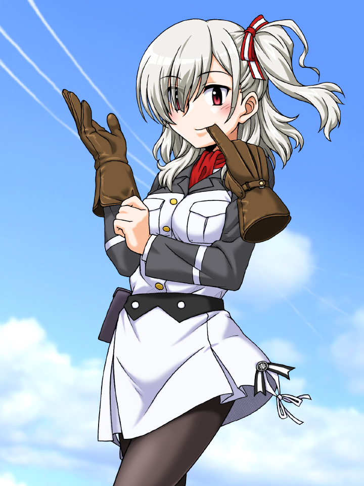 1girl adjusting_clothes adjusting_gloves bangs biting black_legwear blue_sky closed_mouth clouds cloudy_sky commentary_request condensation_trail cowboy_shot cravat day dress eyes_visible_through_hair glove_biting gloves gloves_removed hair_over_one_eye hair_ribbon holster komagome_azuzu long_sleeves looking_at_viewer medium_hair one_side_up oosaka_kanagawa outdoors pantyhose partial_commentary red_eyes red_neckwear red_ribbon ribbon senyoku_no_sigrdrifa short_dress silver_hair sky smile solo standing white_dress wind