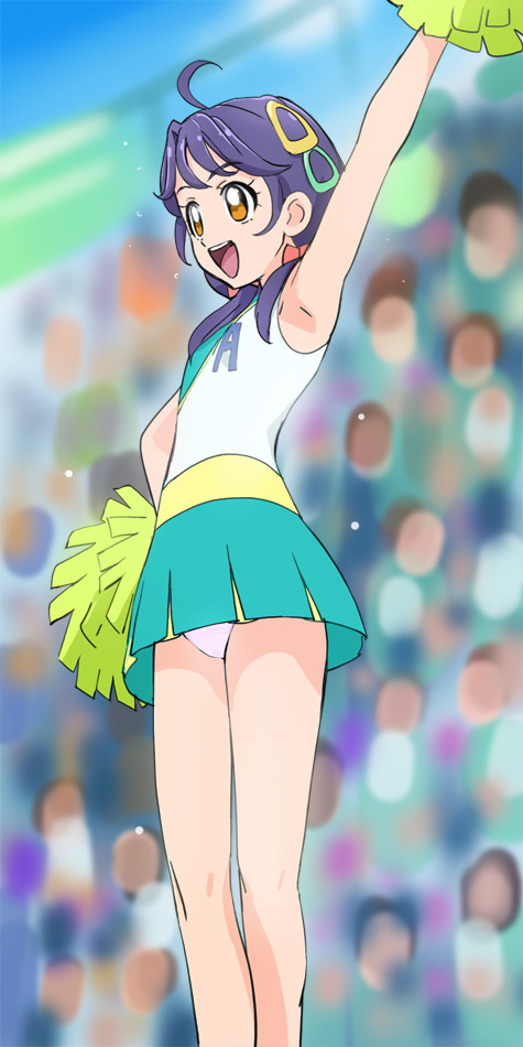 1girl :d ahoge arm_up armpits brown_eyes cheerleader green_skirt hand_on_hip haruyama_kazunori open_mouth panties pom_poms precure purple_hair short_hair skirt smile solo suzumura_sango tropical-rouge!_precure underwear white_panties