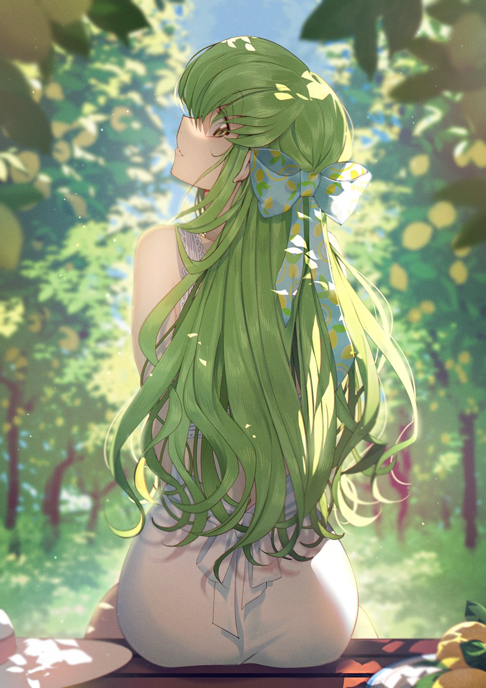 1girl blue_ribbon c.c. code_geass creayus dress from_behind green_hair hair_ribbon hat hat_removed headwear_removed highres long_hair looking_at_viewer looking_back nature noise outdoors ribbon sitting sleeveless sleeveless_dress solo symbol_commentary tree white_dress yellow_eyes