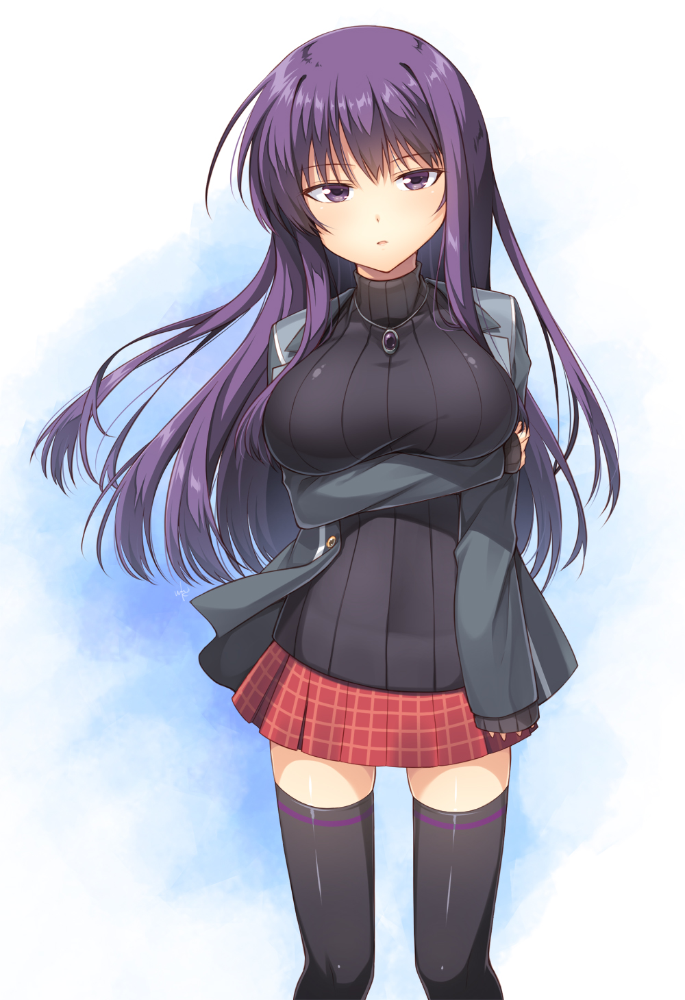 1girl arm_under_breasts black_sweater breast_hold breasts casual contemporary cowboy_shot eyebrows_visible_through_hair highres hourai_susugu large_breasts long_hair looking_at_viewer malariya purple_hair quiz_magic_academy ribbed_sweater single_horizontal_stripe solo sweater thigh-highs violet_eyes