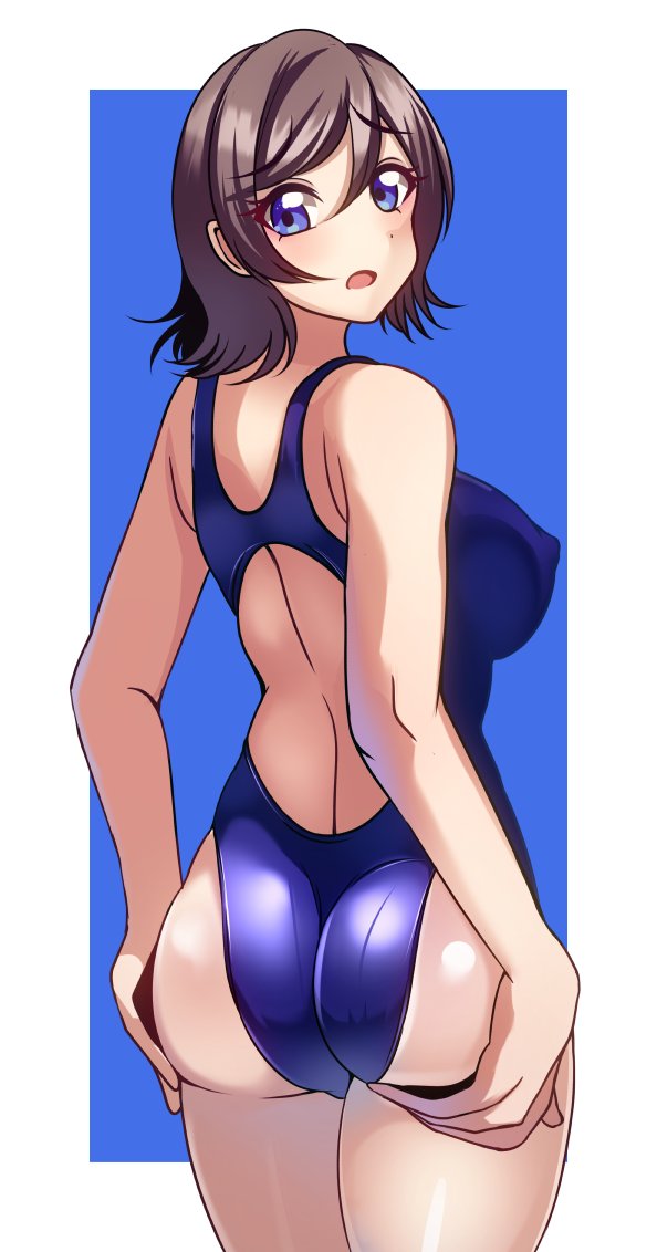 1girl ass ass_support blue_eyes blue_swimsuit breasts competition_swimsuit from_behind grey_hair looking_at_viewer looking_back love_live! love_live!_sunshine!! medium_breasts one-piece_swimsuit shiny shiny_hair shiny_skin short_hair solo standing swimsuit volyz watanabe_you