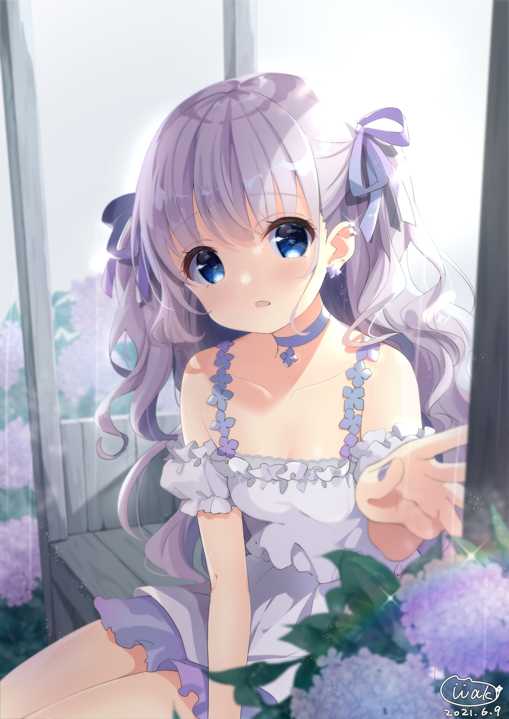 1girl bangs bare_shoulders blue_choker blue_eyes blue_ribbon blurry blurry_background blurry_foreground choker collarbone commentary_request dated depth_of_field detached_sleeves dress eyebrows_visible_through_hair flower hair_ribbon highres hydrangea long_hair nail_polish neki_(wakiko) original parted_lips puffy_short_sleeves puffy_sleeves purple_flower purple_hair purple_nails ribbon short_sleeves signature sitting sleeveless sleeveless_dress solo two_side_up very_long_hair white_dress white_sleeves