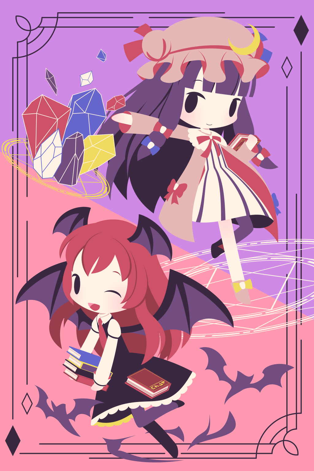 2girls bat bat_wings black_dress black_eyes black_legwear blue_ribbon book chibi cobalta commentary_request crescent crescent_hat_ornament crystal dress eyebrows_visible_through_hair footwear_ribbon frilled_dress frills hair_ribbon hat hat_ornament head_wings highres hime_cut holding holding_book juliet_sleeves koakuma long_hair long_sleeves magic_circle mob_cap multicolored multicolored_background multiple_girls neck_ribbon necktie one_eye_closed outstretched_arm pajamas patchouli_knowledge pink_footwear pink_headwear pink_nightgown puffy_sleeves purple_hair red_neckwear red_ribbon redhead ribbon standing standing_on_one_leg striped striped_dress touhou tress_ribbon white_dress wings yellow_ribbon