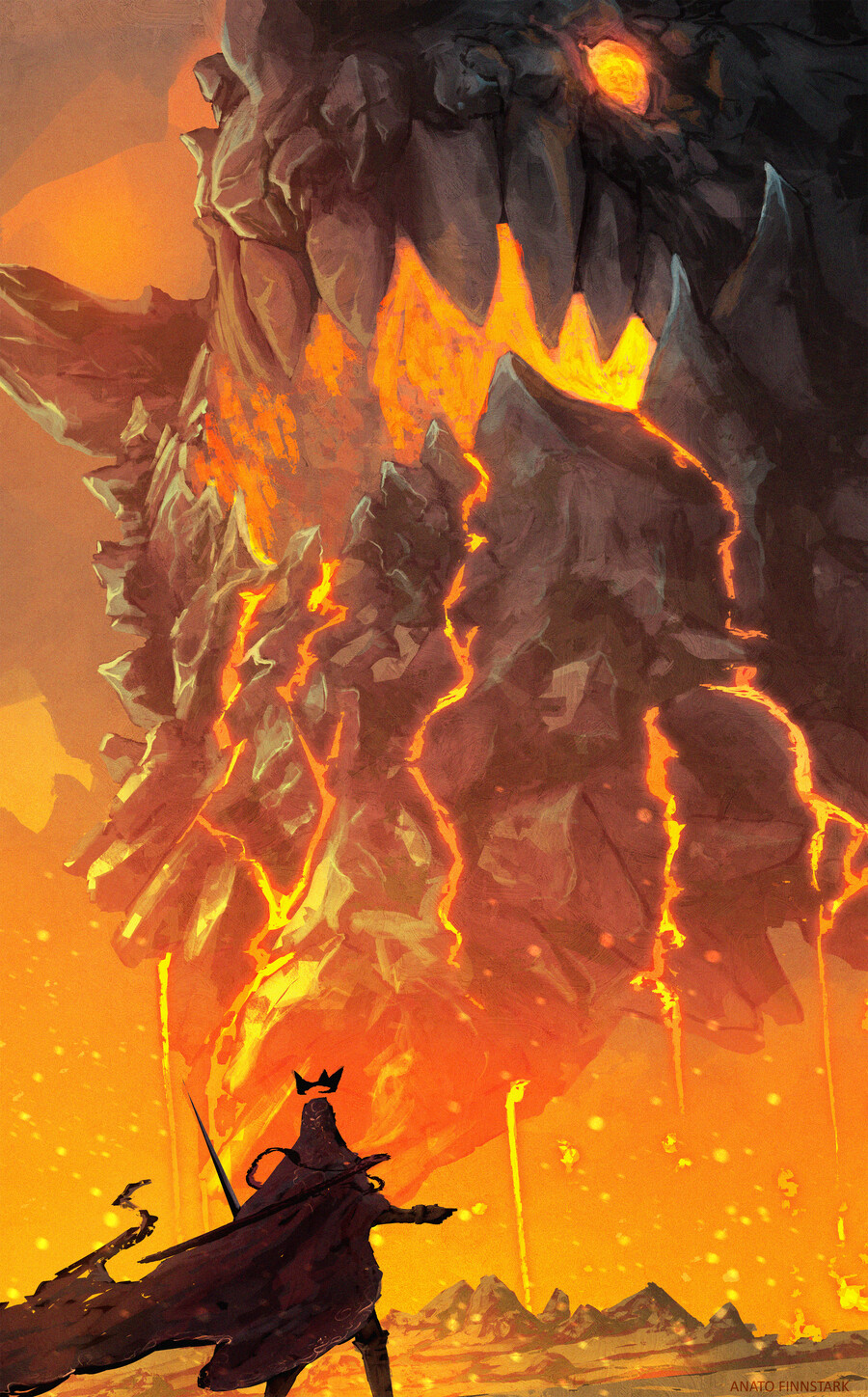 1other anato_finnstark cape crown from_behind giant giant_monster highres holding holding_sword holding_weapon molten_rock monster orange_theme original sword weapon wide_shot