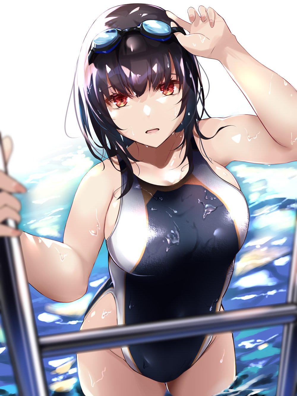 1girl black_hair black_swimsuit breasts climbing collarbone competition_swimsuit endou_(zettai_bluenoid) fingerless_gloves gloves goggles goggles_on_head highres indoors kantai_collection large_breasts one-piece_swimsuit pool pool_ladder poolside red_eyes short_hair swimsuit takao_(kancolle) water wet wet_clothes wet_swimsuit white_swimsuit