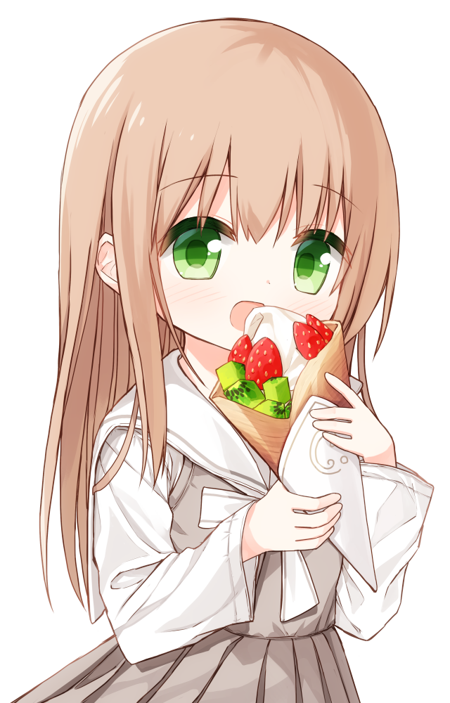 1girl :d bangs blush brown_hair crepe dress eating eyebrows_visible_through_hair food fruit green_eyes grey_dress hair_between_eyes holding holding_food long_hair long_sleeves looking_at_viewer open_mouth original pleated_dress sailor_collar shirt sleeveless sleeveless_dress smile solo strawberry very_long_hair waka_(yuuhagi_(amaretto-no-natsu)) white_background white_sailor_collar white_shirt yuuhagi_(amaretto-no-natsu)